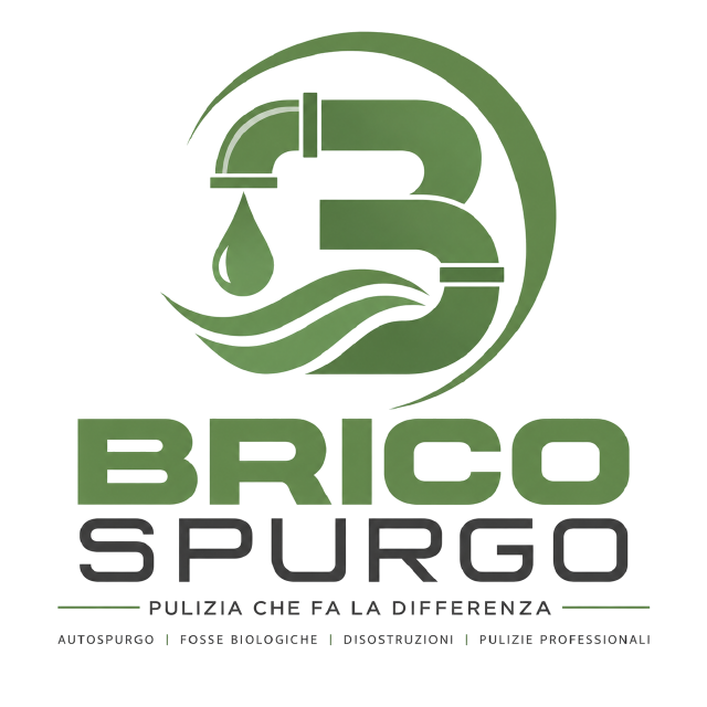 Logo Brico Spurgo con la scritta Pulizia che fa la differenza e i servizi: autospurgo, fosse biologiche, disostruzioni, pulizie professionali